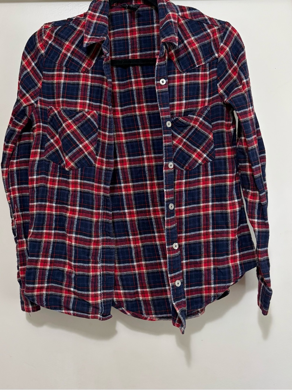 FOREVER 21 RED BLUE PLAID FLANNEL BUTTON UP SHIRT WOMENS SIZE S